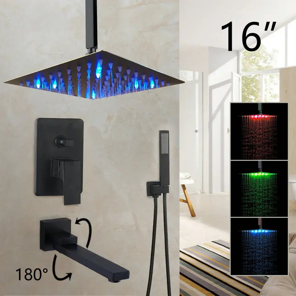 DecorBites™ 16 inch matte black led rain shower head with blue lights in an inch matte black rainfall shower set