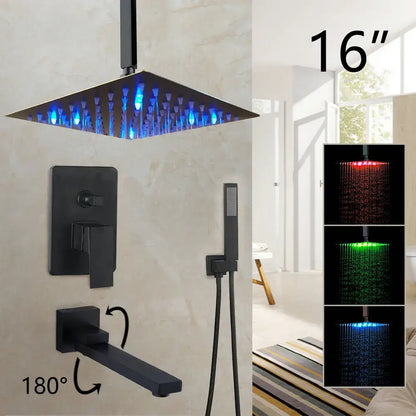 DecorBites™ 16 inch matte black led rain shower head with blue lights in an inch matte black rainfall shower set