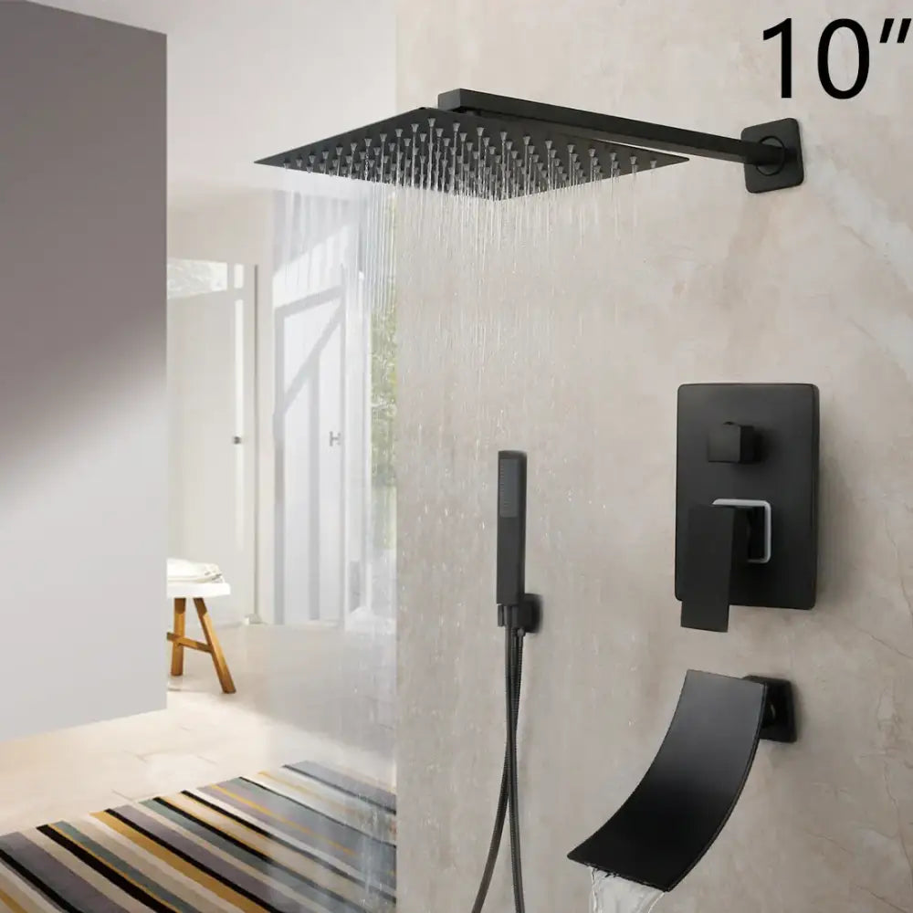 DecorBites 10-inch matte black led rainfall shower faucet set with matte black wall-mounted faucet and handheld sprayer