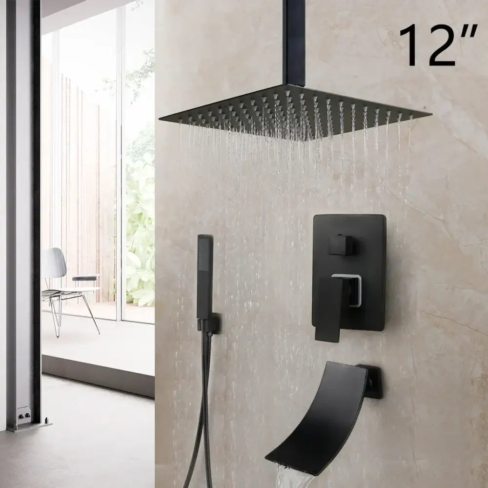 Decorbites 12 inch matte black led rainfall showerhead with handheld spray and wall-mounted control panel