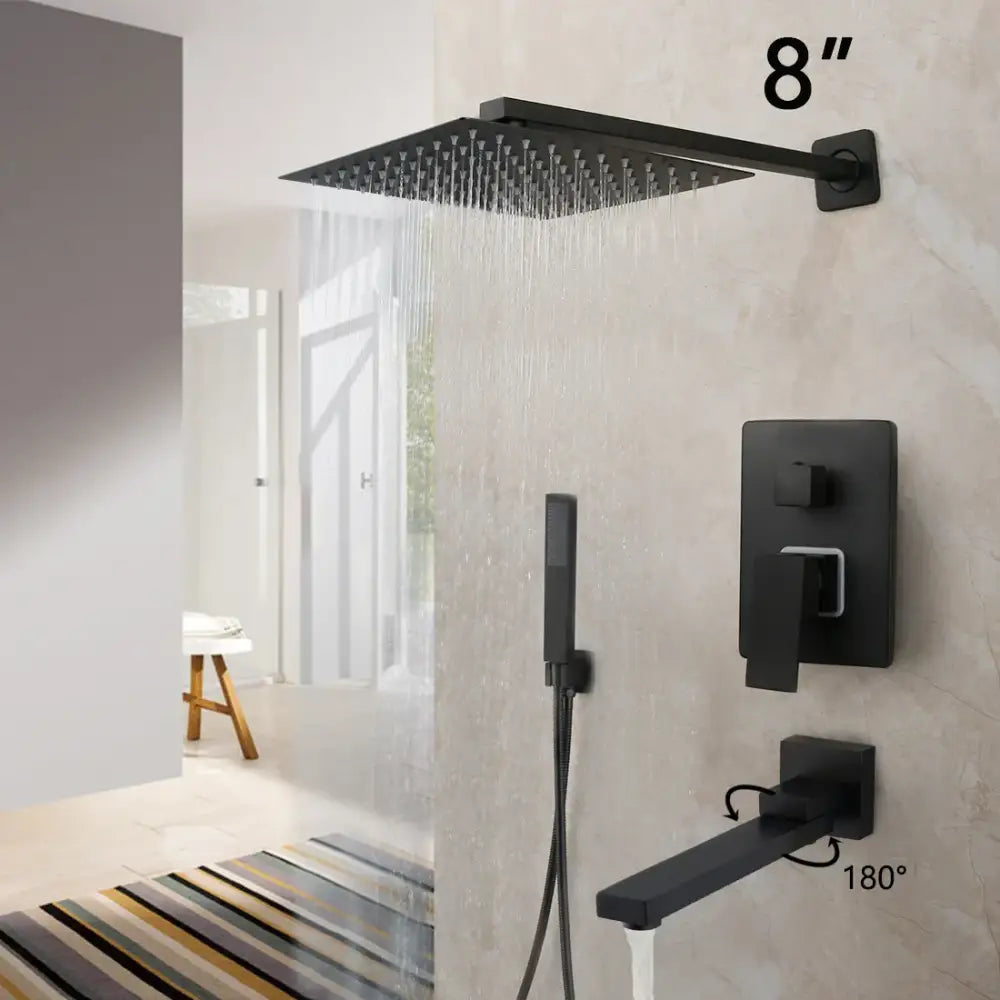 Decorbites™ 8-inch square matte black led rainfall shower faucet set with wall controls and handheld spray in matte black finish