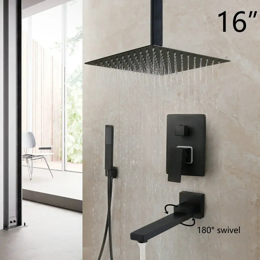 Decorbites 16 inch inch matte black led rainfall showerhead set with integrated handheld shower and swivel faucet