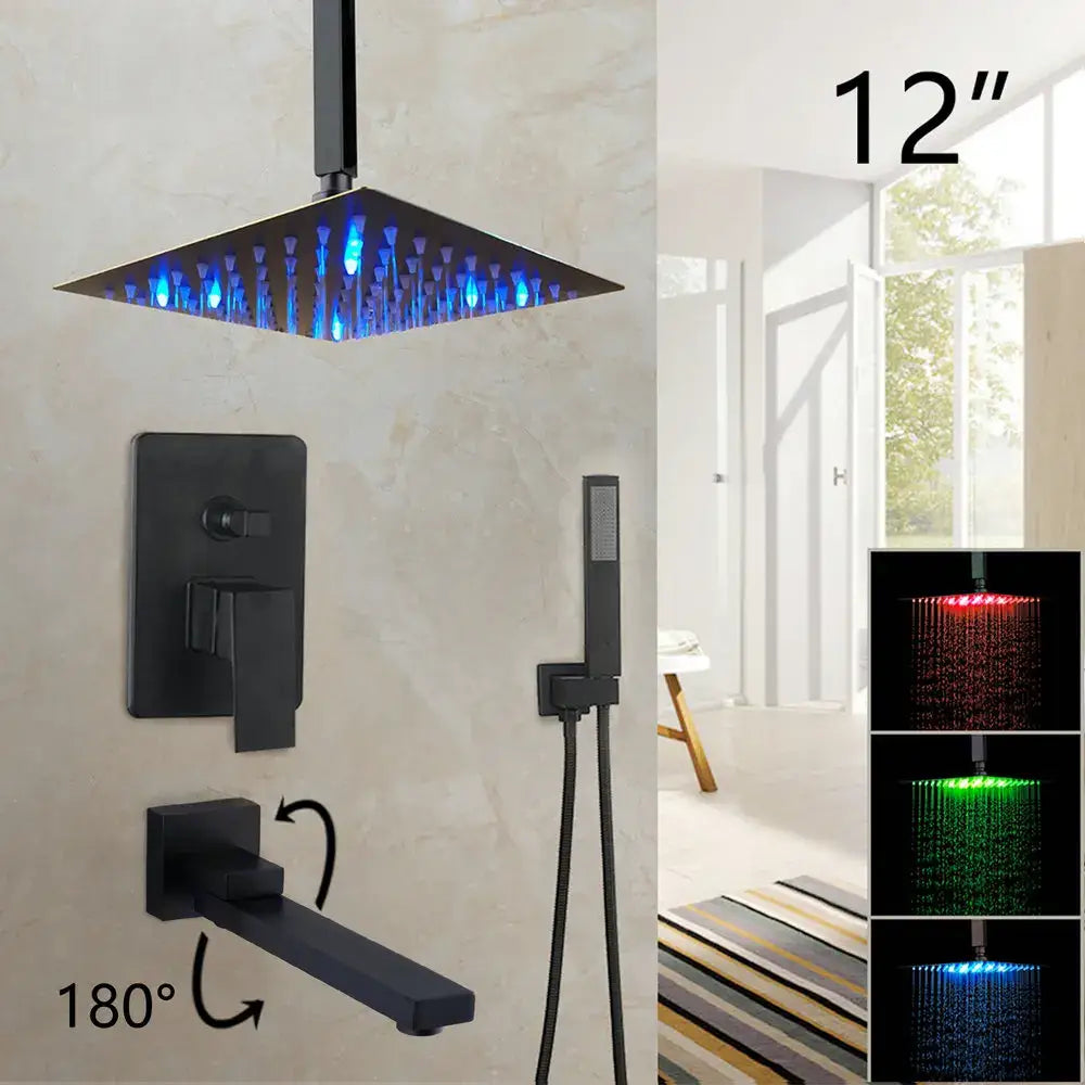 Matte black 12-inch led rainfall showerhead with adjustable spray settings from decorbites matte black led faucet set