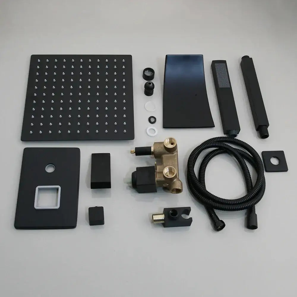 Decorbites 8 16 inch matte black led rainfall shower faucet set with black matte finish, brass valve, and flexible hose
