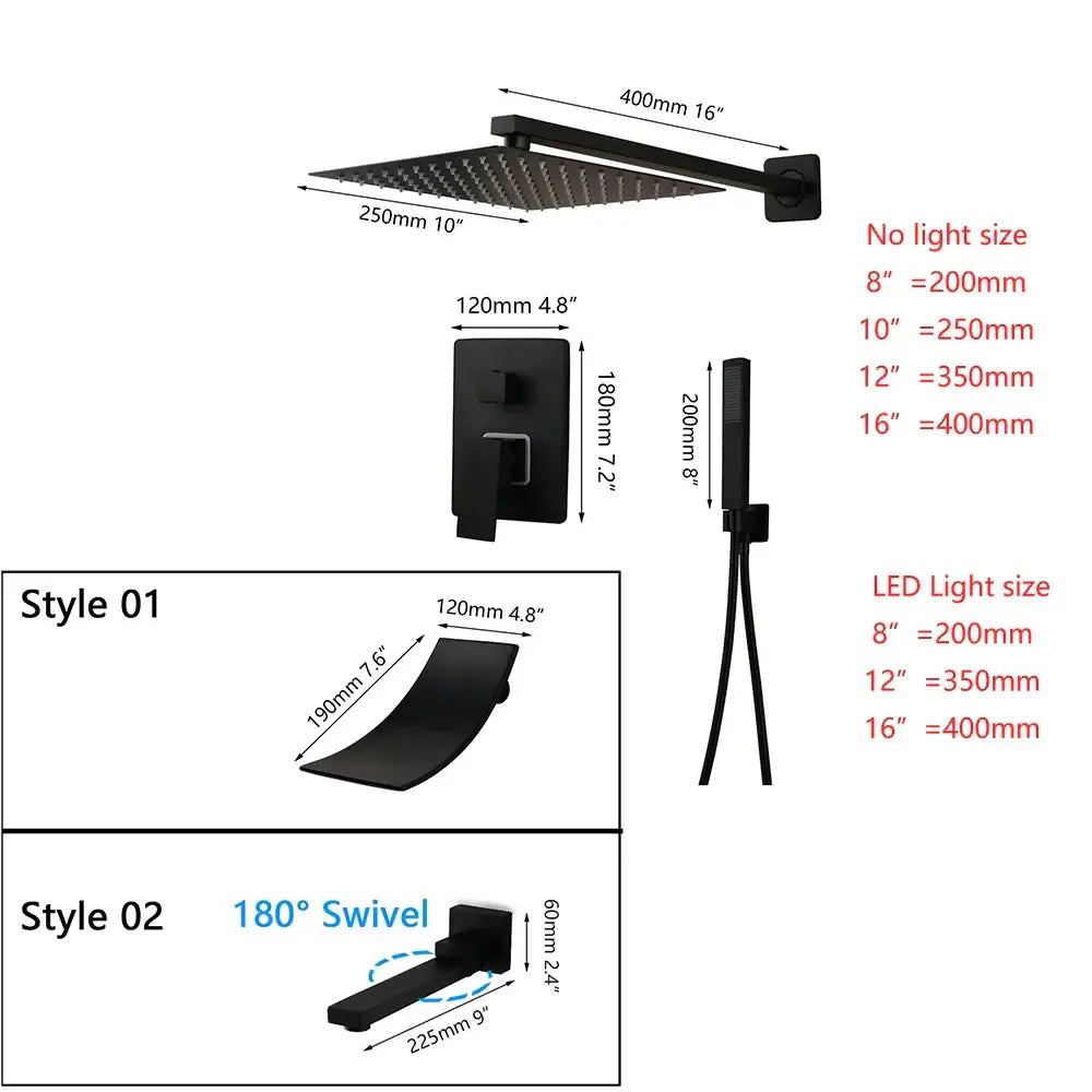 Decorbites™ 8/16 inch matte black led rainfall shower faucet set with square matte black showerhead and wall-mounted faucet assembly