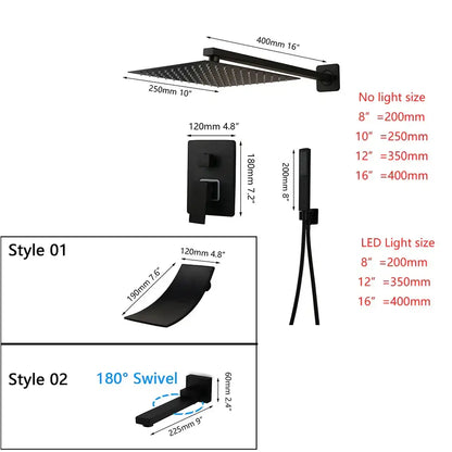 Decorbites™ 8/16 inch matte black led rainfall shower faucet set with square matte black showerhead and wall-mounted faucet assembly