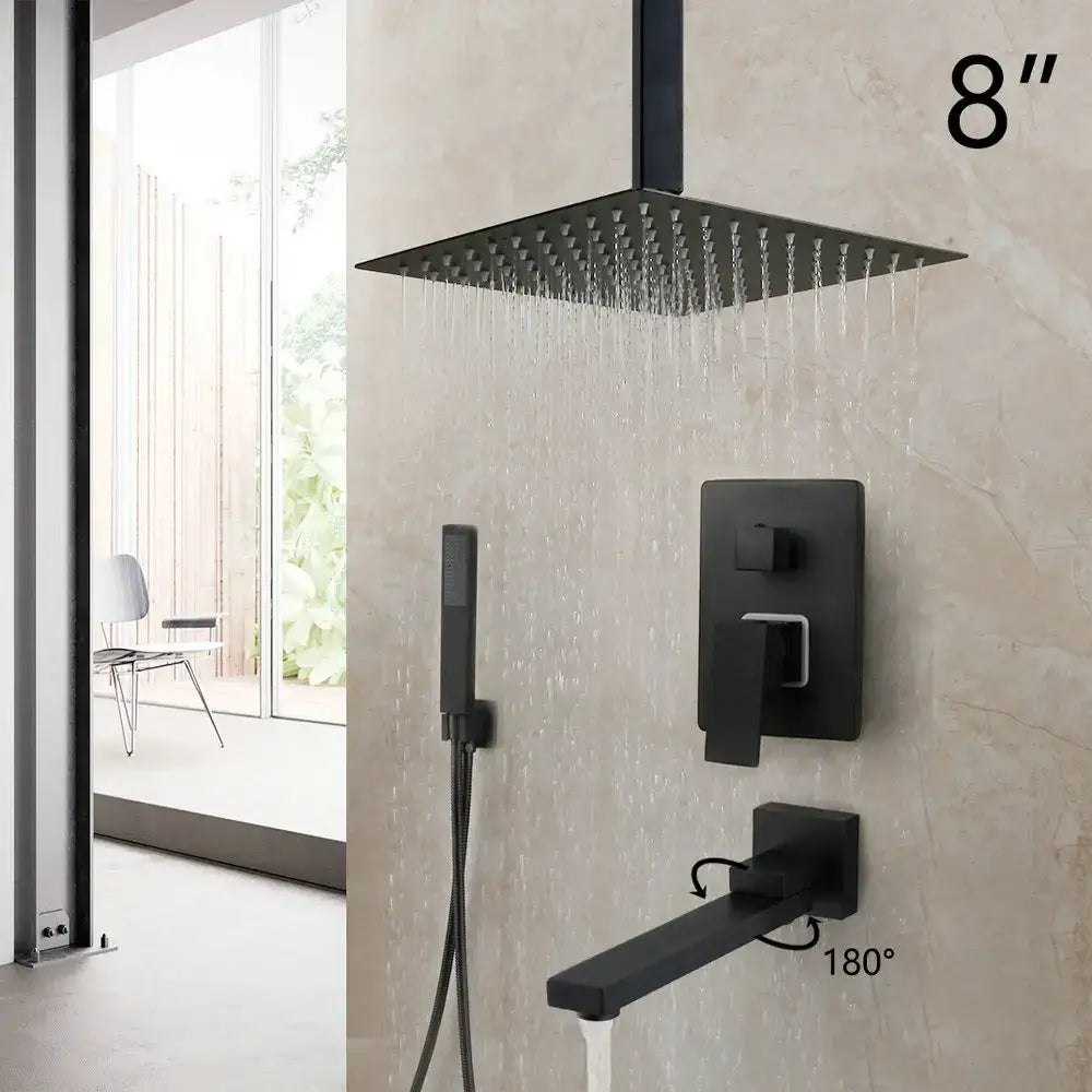 DecorBites 8 inch matte black led rainfall shower faucet set with square rain shower head and handheld sprayer