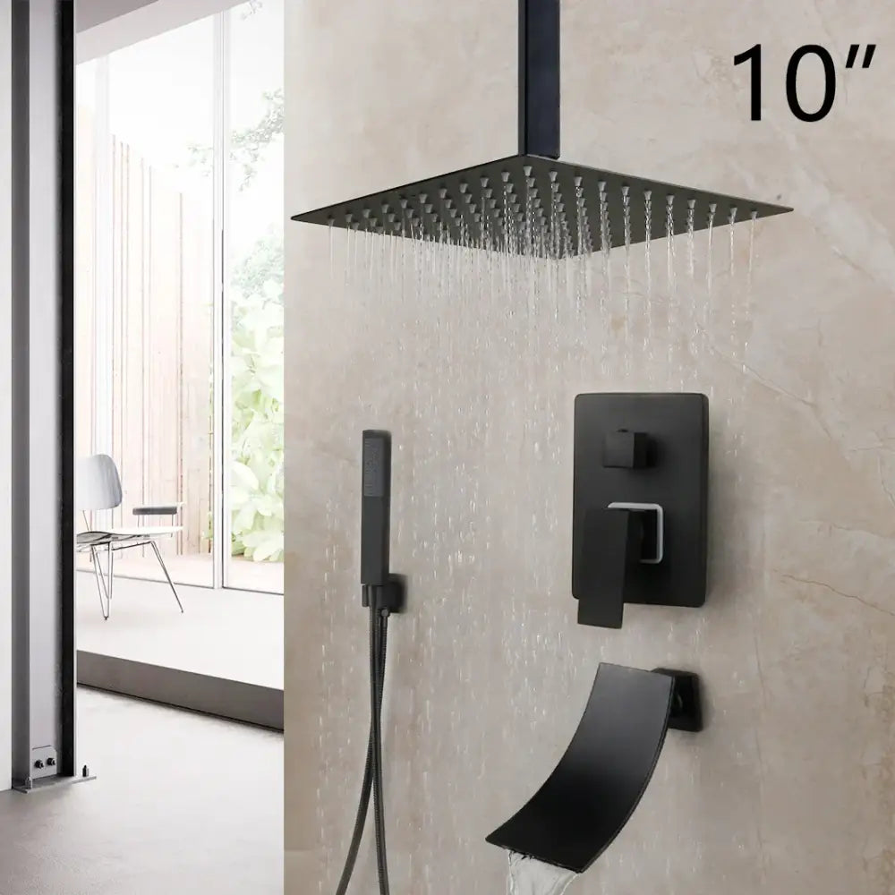 Black matte 10 inch square rain shower head with integrated handheld sprayer and wall-mounted control valve for DecorBites™ matte black led shower set