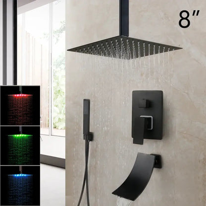 Decorbites 8 inch matte black led rainfall showerhead with matte black finish and integrated led lighting