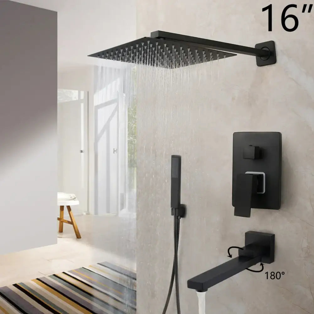 Decorbites 16 inch matte black led rainfall shower faucet set with square showerhead wall-mounted controls and handheld spray