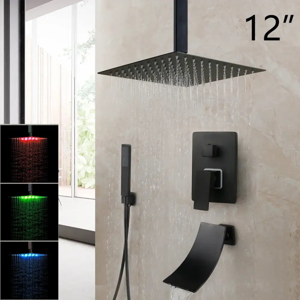 Decorbites™ 12 inch matte black led rainfall showerhead with color-changing lighting in an inch matte black finish