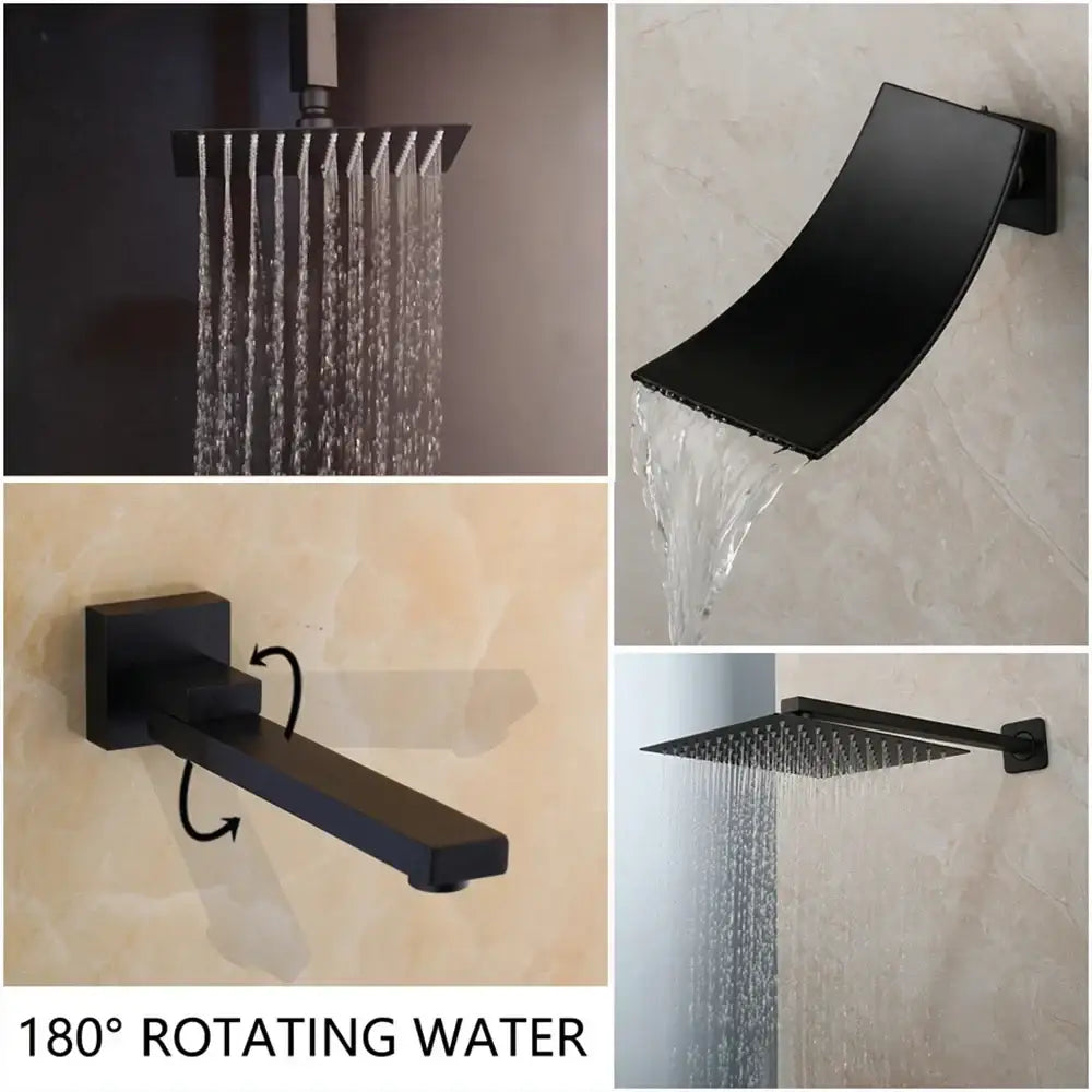 Modern decorbites 8 16 inch matte black led rainfall shower faucet set with matte black square rainhead and curved spout