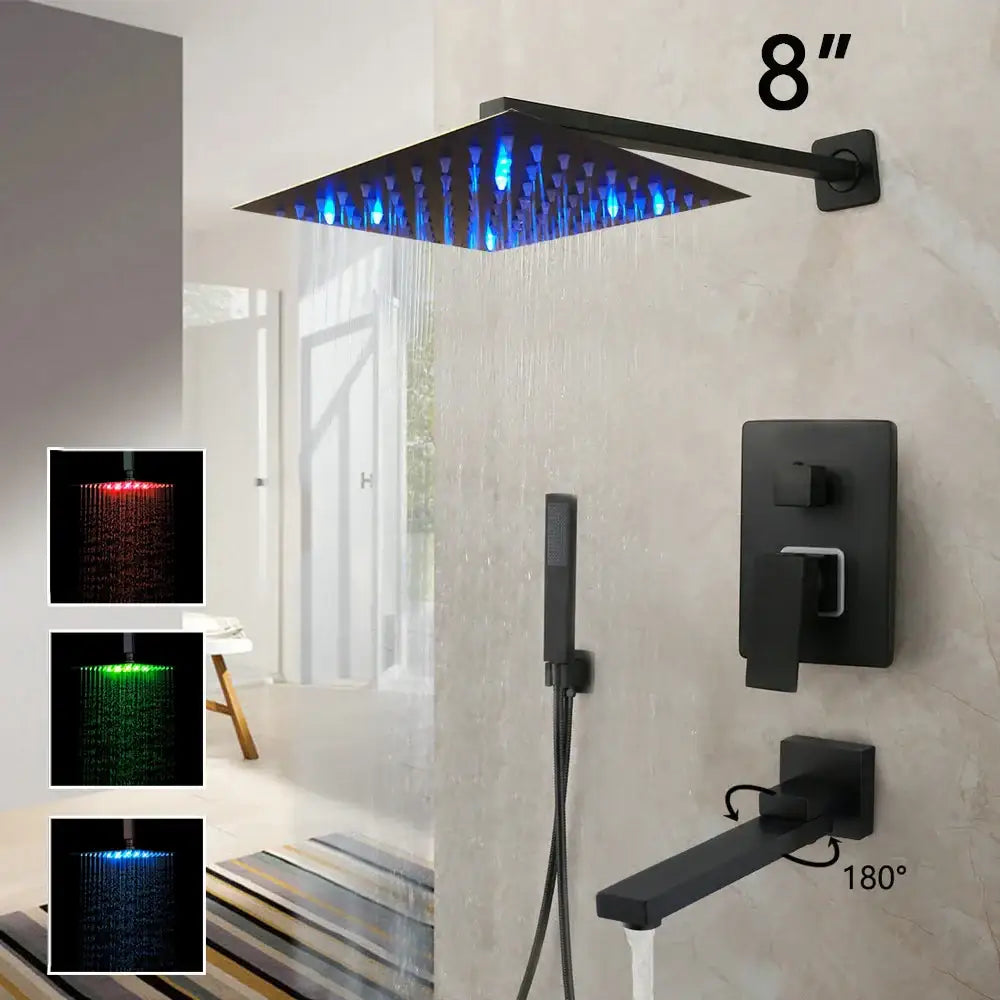 Decorbites 8 inch square matte black led rainfall showerhead with black matte finish for modern bathroom use