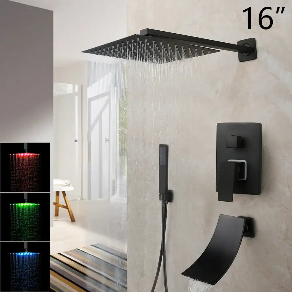 Decorbites 16 inch matte black led rainfall showerhead with square design and integrated led lighting for modern bathrooms