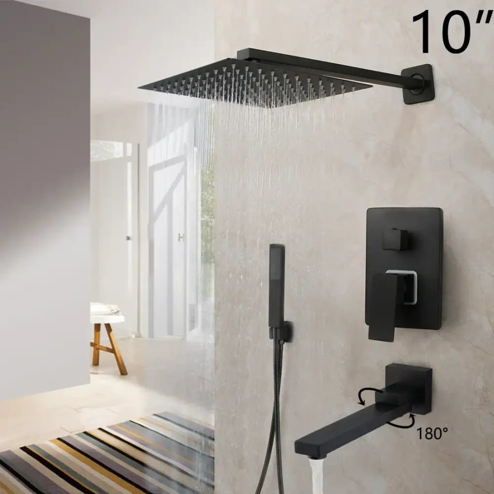 Decorbites™ 8/16 inch matte black led rainfall shower faucet set with 10-inch square matte black showerhead and handheld sprayer