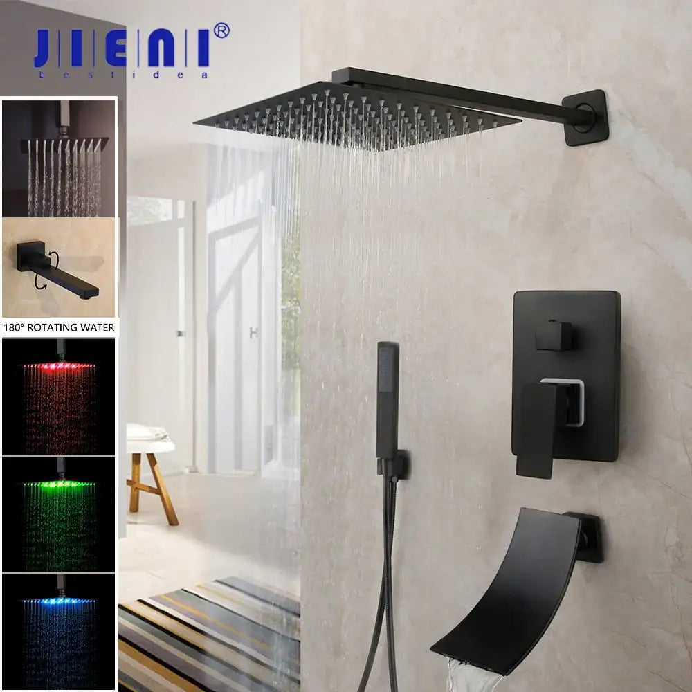 Decorbites™ 8/16 inch matte black led rain shower faucet set with square matte black finish wall mount and handheld spray wand