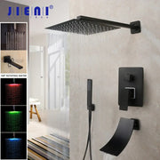 Decorbites™ 8/16 inch matte black led rain shower faucet set with square matte black finish wall mount and handheld spray wand
