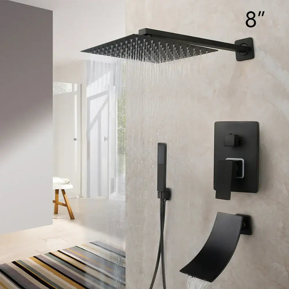 Decorbites 8 inch matte black led rainfall shower faucet set with square showerhead and handheld attachment