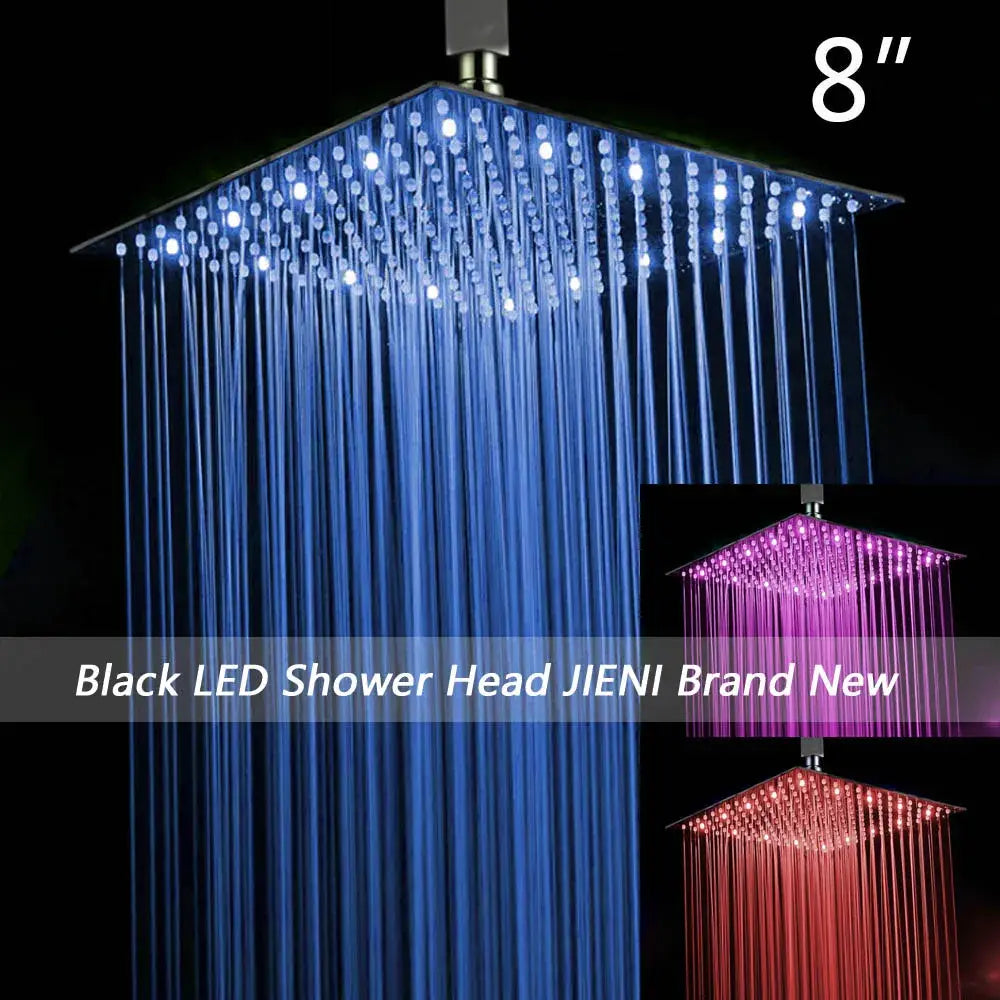 Decorbites™ black ultra-thin square rain shower head with blue purple red led lights and multiple water streams