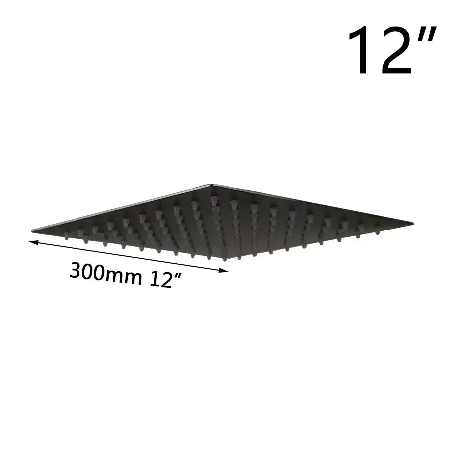 DecorBites™ 12-inch black matte rain shower head with ultra-thin square design and evenly spaced nozzles for bathroom use