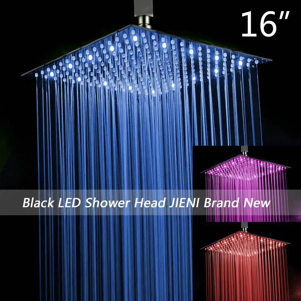 DecorBites™ black ultra-thin square rain shower head with multiple jets and LED lights in blue purple and red hues
