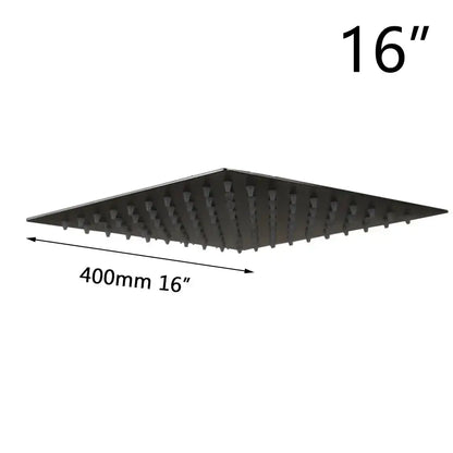 Black 16-inch ultra-thin square rain shower head with multiple spray nozzles for bathroom shower use by DecorBites
