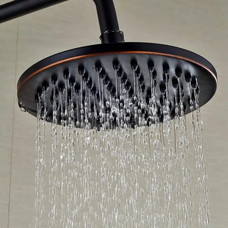Decorbites 8 inch brass rainfall shower faucet head in black and copper with multiple water jets for refreshing showers