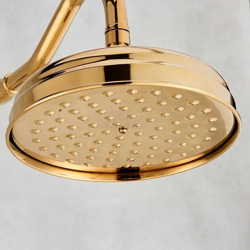 DecorBites™ 8 inch antique brass rainfall shower faucet head with gold-colored polished finish and evenly spaced nozzles