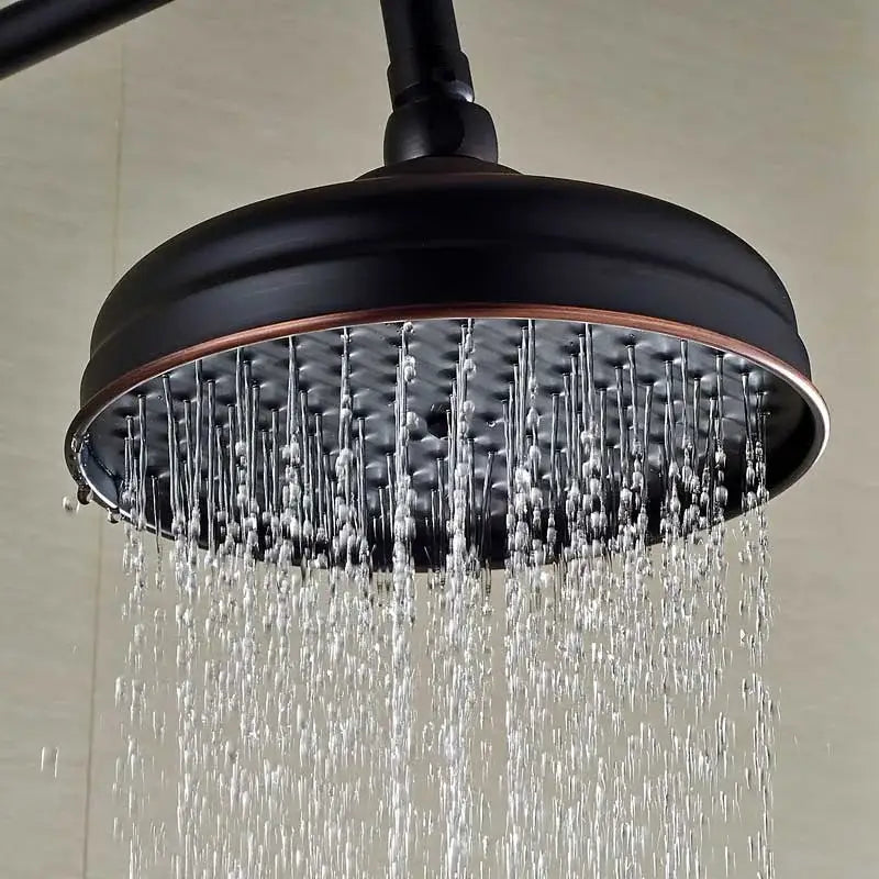 Decorbites™ 8’’ antique brass rainfall shower faucet head with black matte finish copper-toned rim and textured nozzles
