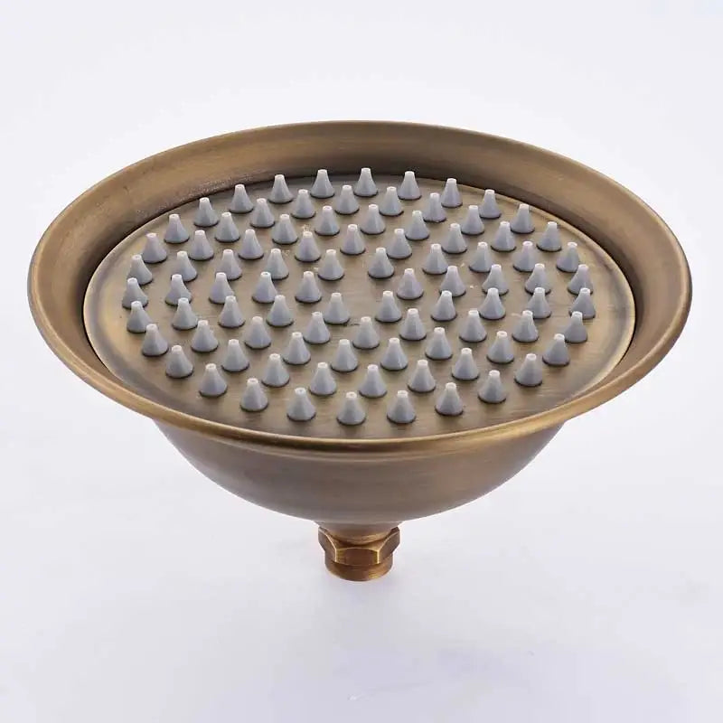 Decorbites 8 inch antique brass rainfall shower faucet head with circular gray conical nozzles for refreshing showers