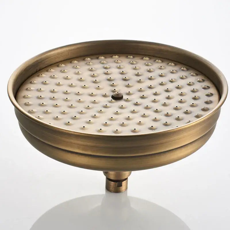 DecorBites™ 8 inch antique brass rainfall shower faucet head with circular nozzles and central mounting stem for refreshing showers