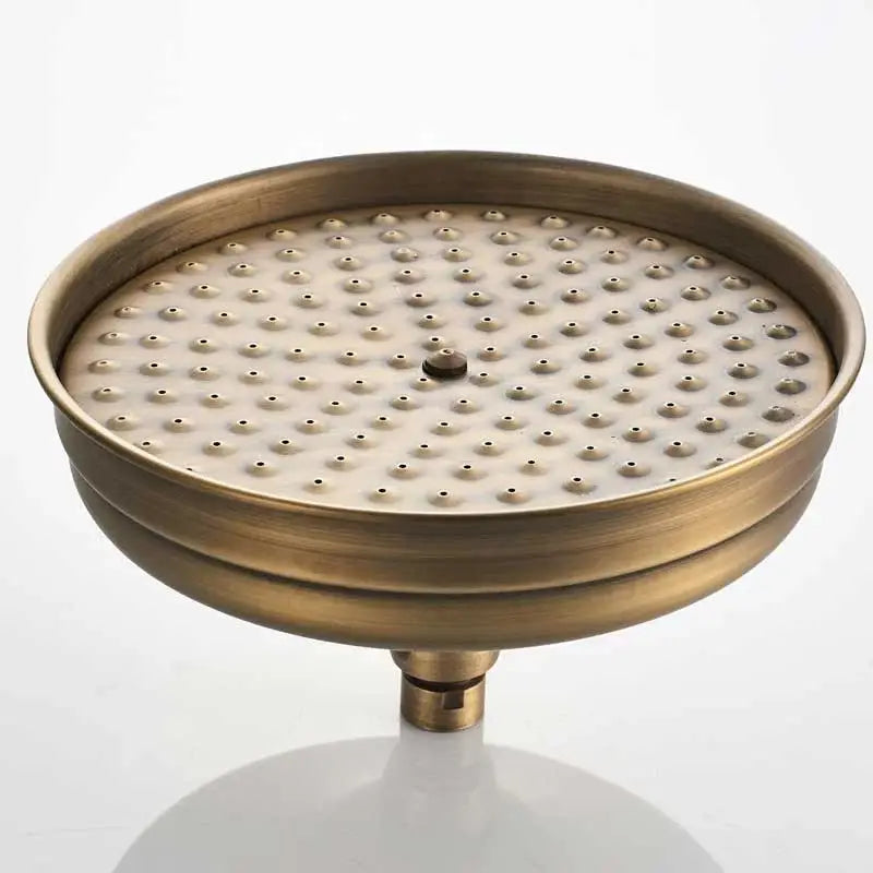DecorBites 8 inch antique brass rainfall shower faucet head with circular design and evenly spaced nozzles for refreshing showers
