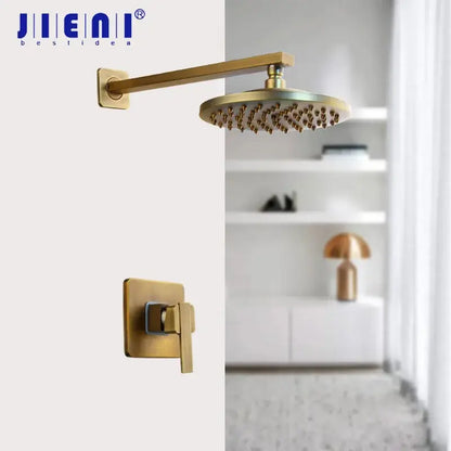 DecorBites 8 inch antique brass round shower faucet set with gold-finished jienai rainfall shower head and control valve