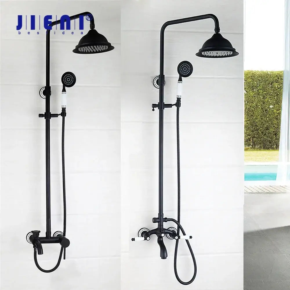 Decorbites™ 8 inch black matte rain shower head set with handheld spray and mixer faucet featuring white handle accents