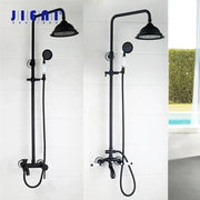 Decorbites™ 8 inch black matte rain shower head set with handheld spray and mixer faucet featuring white handle accents