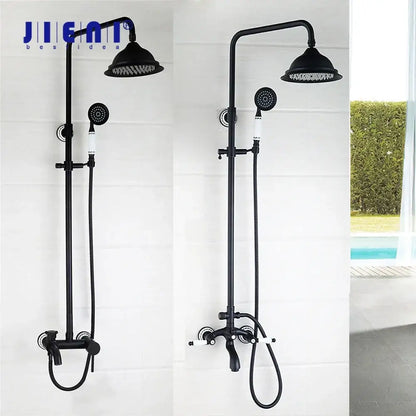 Decorbites™ 8 inch black matte rain shower head set with handheld spray and mixer faucet featuring white handle accents