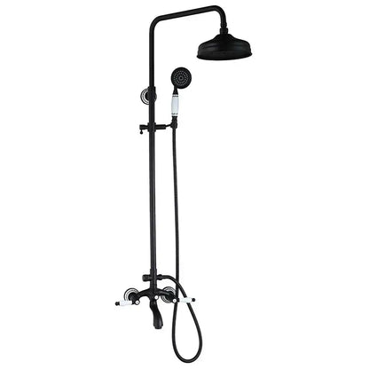 Decorbites™ 8 inch black matte rain shower head set with matching hand spray and white ceramic handles