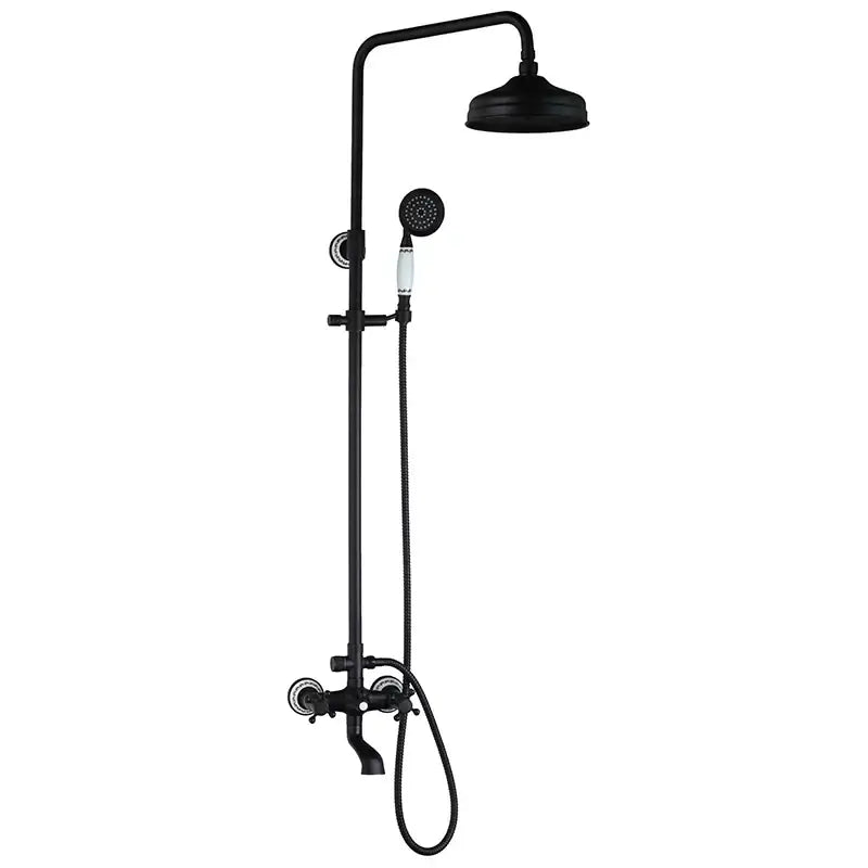 Decorbites™ 8 inch black matte rain shower head set with handheld spray and white ceramic accents mixer faucet
