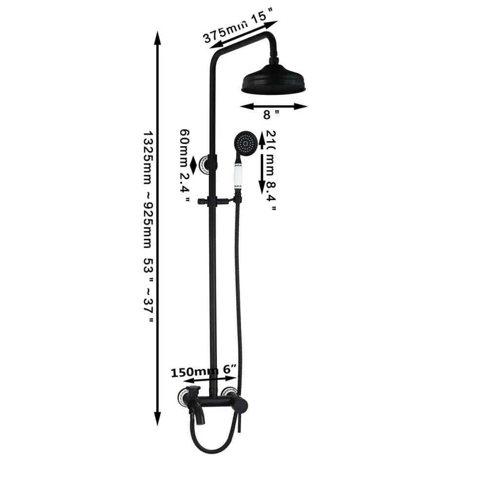 Decorbites 8 inch black matte rain shower head set with fixed overhead rain shower and handheld spray on vertical rail