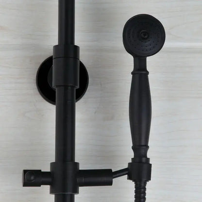 DecorBites™ 8 inch black matte rain shower head set with hand spray and mixer faucet mounted on vertical bar