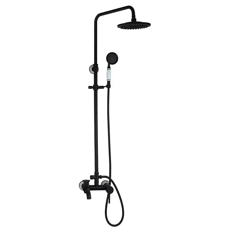 DecorBites™ 8 inch black matte rain shower head set with rectangular rain shower and white ceramic accents on handle