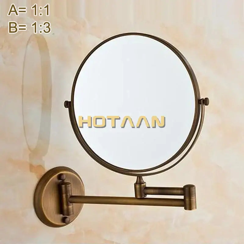 Antique brass shave makeup mirror wall mounted with extendable arm and 8 inch 1x3x magnifying circular frame