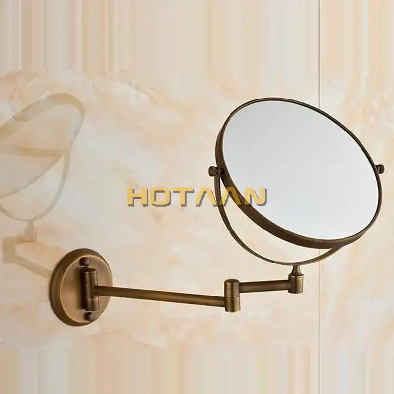 Antique brass shave makeup mirror wall mounted with extendable double-sided articulated arm design by DecorBites
