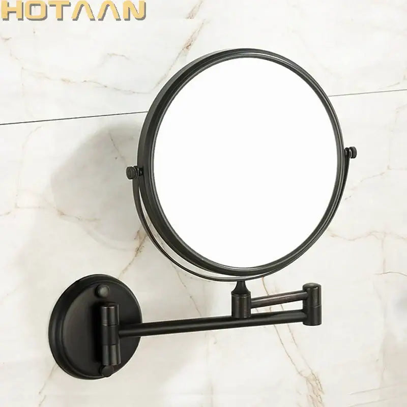 Black matte brass shave makeup mirror wall mounted with articulated arm and circular frame for shaving and makeup