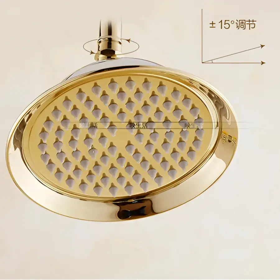 DecorBites 8 inch brass shower head with gold polished finish and evenly spaced nozzles for bathroom rainfall use