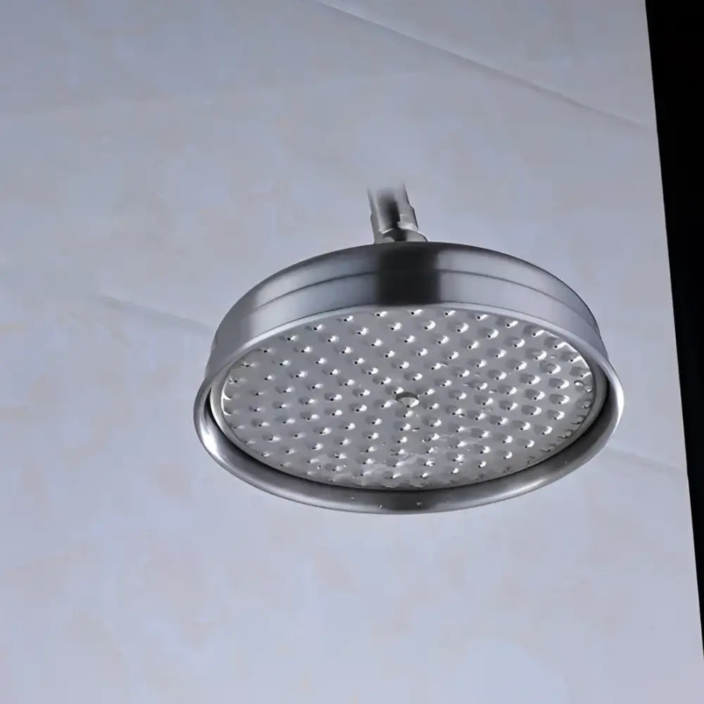 Decorbites™ 8 inch brass shower head with stainless steel round textured perforated surface for rainfall use