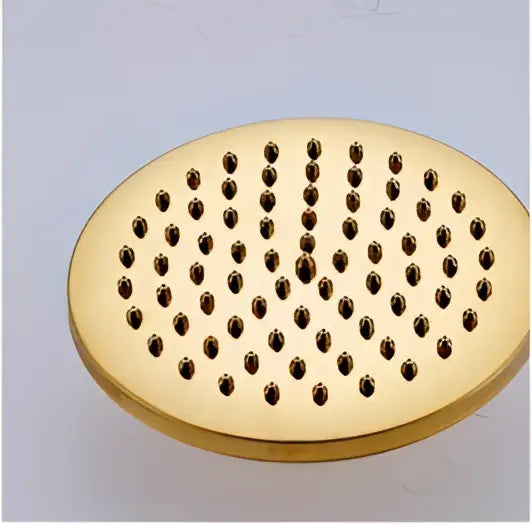 Gold-colored decorbites™ 8 inch brass shower head with oval shape and perforated grid for rainfall bathroom use