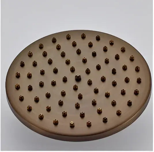 DecorBites™ 8 inch brass shower head in bronze with circular design and grid of small nozzles for rainfall use