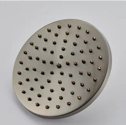 Decorbites™ 8 brass shower head with circular brushed stainless steel face and black spray nozzles for rainfall use