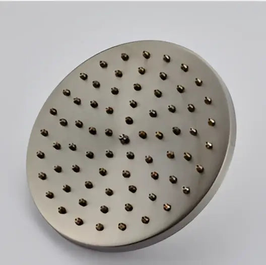 Decorbites™ 8 brass shower head with circular brushed stainless steel face and black spray nozzles for rainfall use